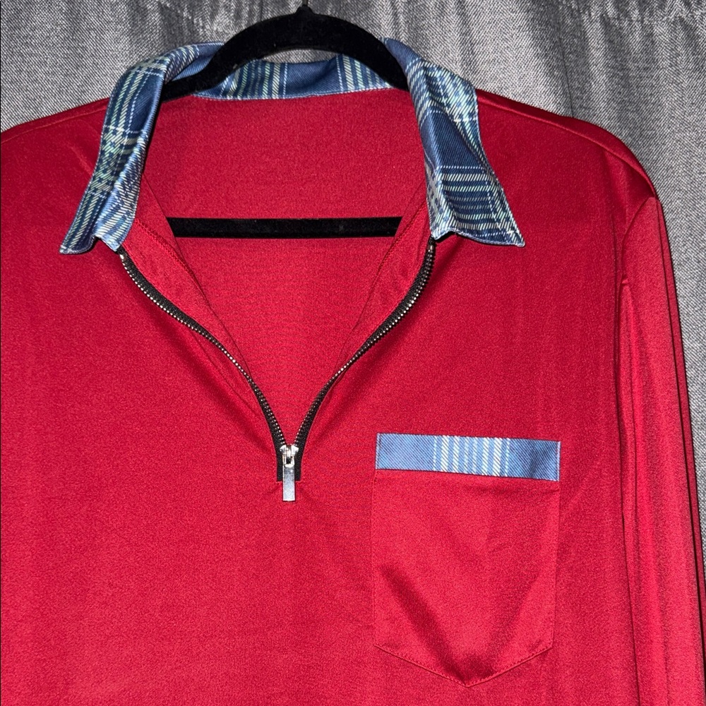 Red Long Sleeve Shirt with Plaid Collar Quarter Zip - Picture 2 of 4